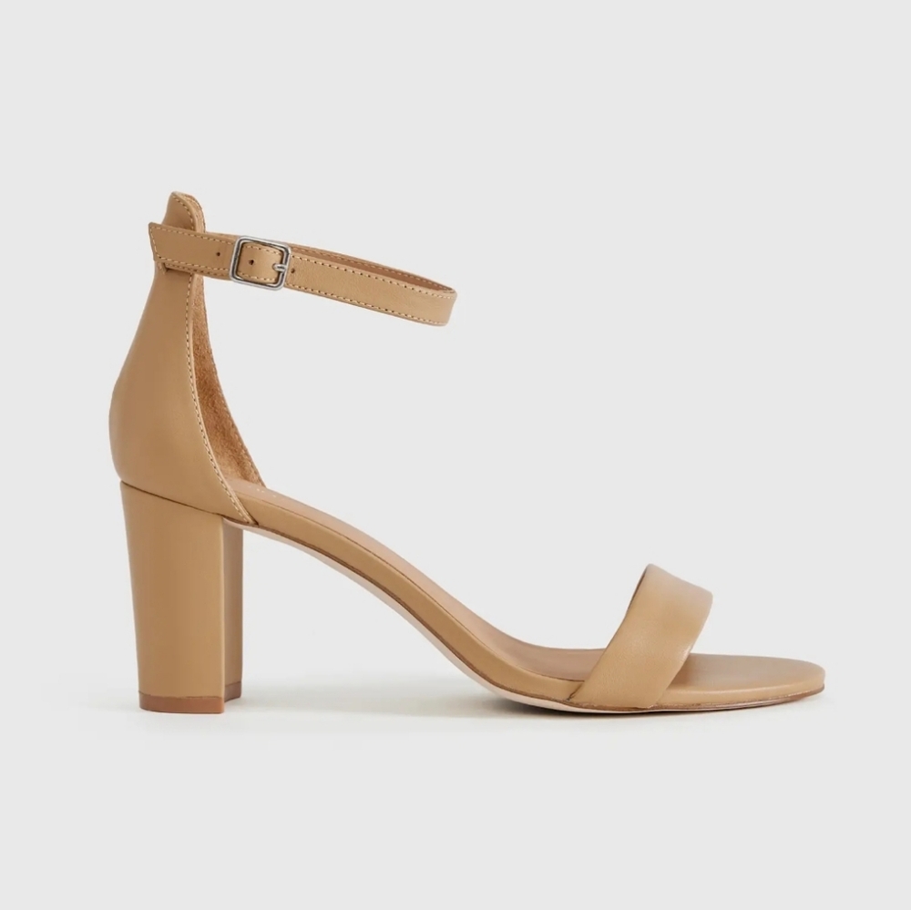Quince Genuine Italian Leather 65mm Nude Tan Ankle Strap Block Heels